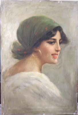 tableau représentant une femme coiffée d'un chapeau vert et vêtue d'une robe blanche