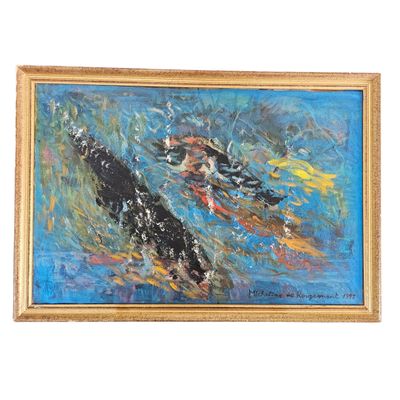une peinture à l'huile représentant deux carpes koï nageant dans un étang