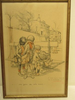 dessin encadré représentant deux enfants jouant avec un chien dans un jardin
