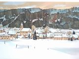 a picture of a painting of a town in the snow
