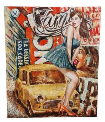 painting of a woman in a blue dress sitting on a yellow car
