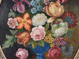 a painting of flowers in a blue vase on a table