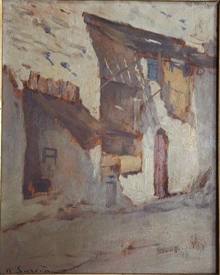 an oil painting of a building with a door and a window