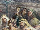 a painting of a group of people sitting on a bench