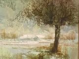 un tableau représentant un arbre dans la neige au bord de l'eau