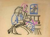 dessin représentant une femme assise devant une fenêtre, avec un oiseau posé sur son bras