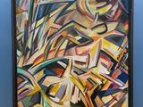 peinture représentant une œuvre aux formes abstraites sur un mur bleu