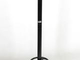 black metal coat stand with a black base and a white background