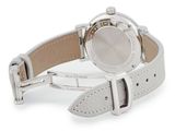 wrist watch with white leather strap and silver dial