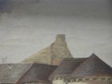 a painting of a building with a clock on the top of it
