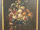 une peinture à l'huile représentant un vase de fleurs sur une table