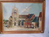 un tableau représentant une église sur laquelle figure une horloge