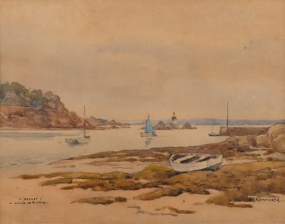 painting of boats in the water near a rocky shore