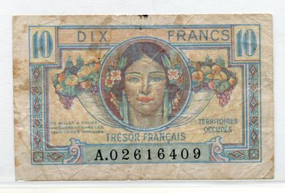 an old french 10 frans bank note with a woman ' s face on it