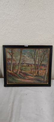 peinture d'un paysage avec des arbres et une maison au loin