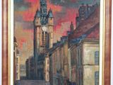 painting of a city street with a clock tower in the distance