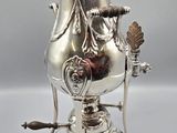 silver plated coffee urn on stand with lid and handles