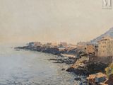 a painting of a view of a small town by the water