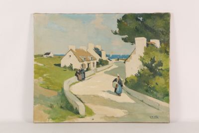 an oil painting of a couple walking down a road with houses in the background