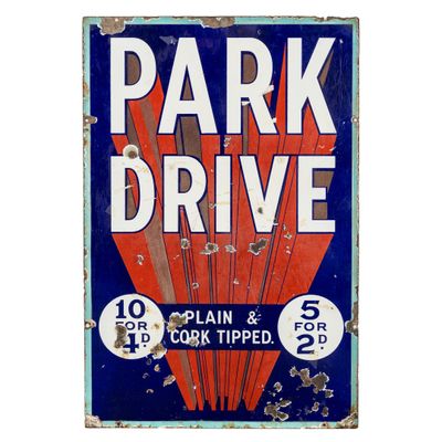 Panneau publicitaire vintage en émail, 'Park Drive - Plain &…