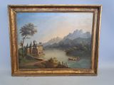 an oil painting of a river scene with a castle in the distance