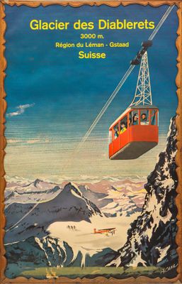 une vieille affiche représentant un téléski à la montagne avec des personnes dessus