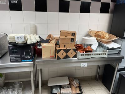 a counter with a bunch of boxes on top of it