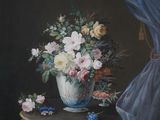 a painting of flowers in a vase on a table