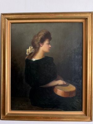 Portrait d'une jeune femme avec une guitare, par [nom de l'artiste]