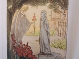 a picture of a picture of a woman standing in a garden