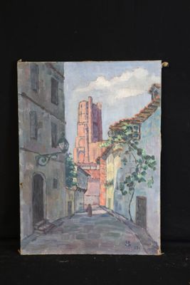 an oil painting of a street scene with a church in the background