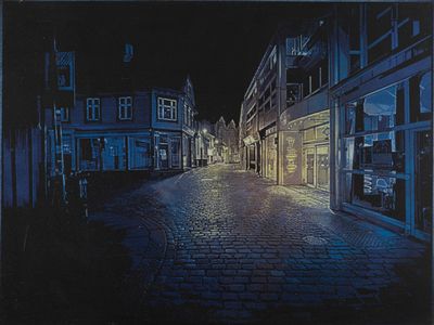 painting of a city street at night with buildings lit up by street lights