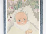 tableau représentant un bébé en robe blanche avec des fleurs, dans un cadre bleu