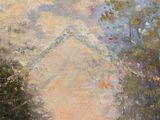 an image of a painting of a road with trees and a mountain in the background