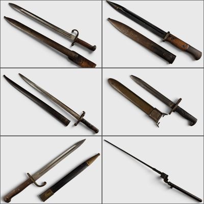 several different types of knives are shown on a white surface