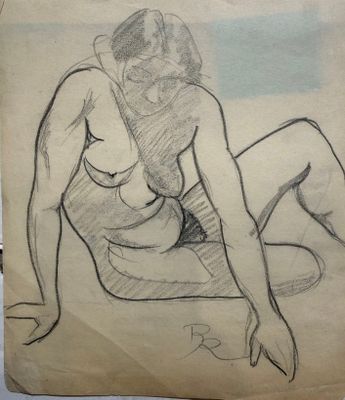 drawing of a woman sitting on the ground with her hands on her knees