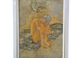 an image of a painting of a woman sitting on a rock