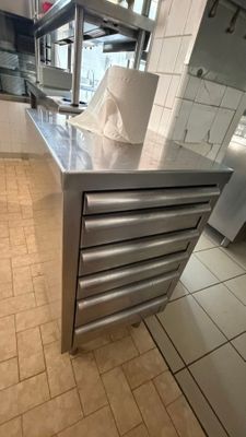 a large stainless steel counter in a commercial kitchen