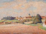 une image représentant un tableau représentant un paysage rural avec une personne marchant sur un sentier