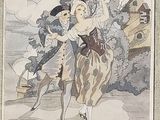 drawing of a woman riding a horse with a man riding a horse