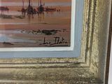 an oil painting of a beach scene with a boat in the water