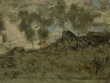 une image représentant un tableau représentant un paysage avec des arbres et des rochers
