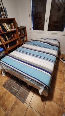 un lit qui se trouve dans une chambre équipée d'une bibliothèque