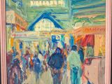 an oil painting of a crowd of people walking down a street