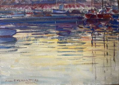 a painting of boats in the water on the beach