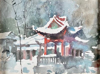 une aquarelle représentant une pagode sous la neige