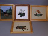 three framed pictures of mushrooms and leaves on a gray surface