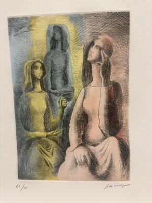 une image représentant le dessin d'une femme assise devant une statue