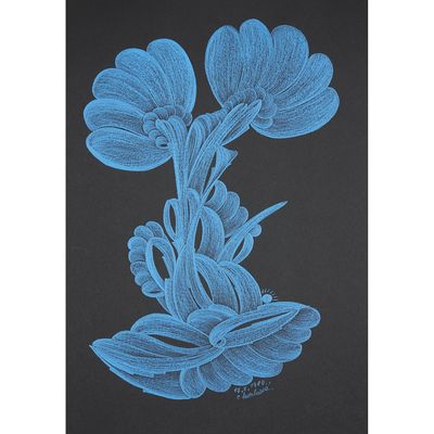 a drawing of blue flowers on a black background