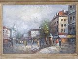 painting of a city street scene with people walking down the street